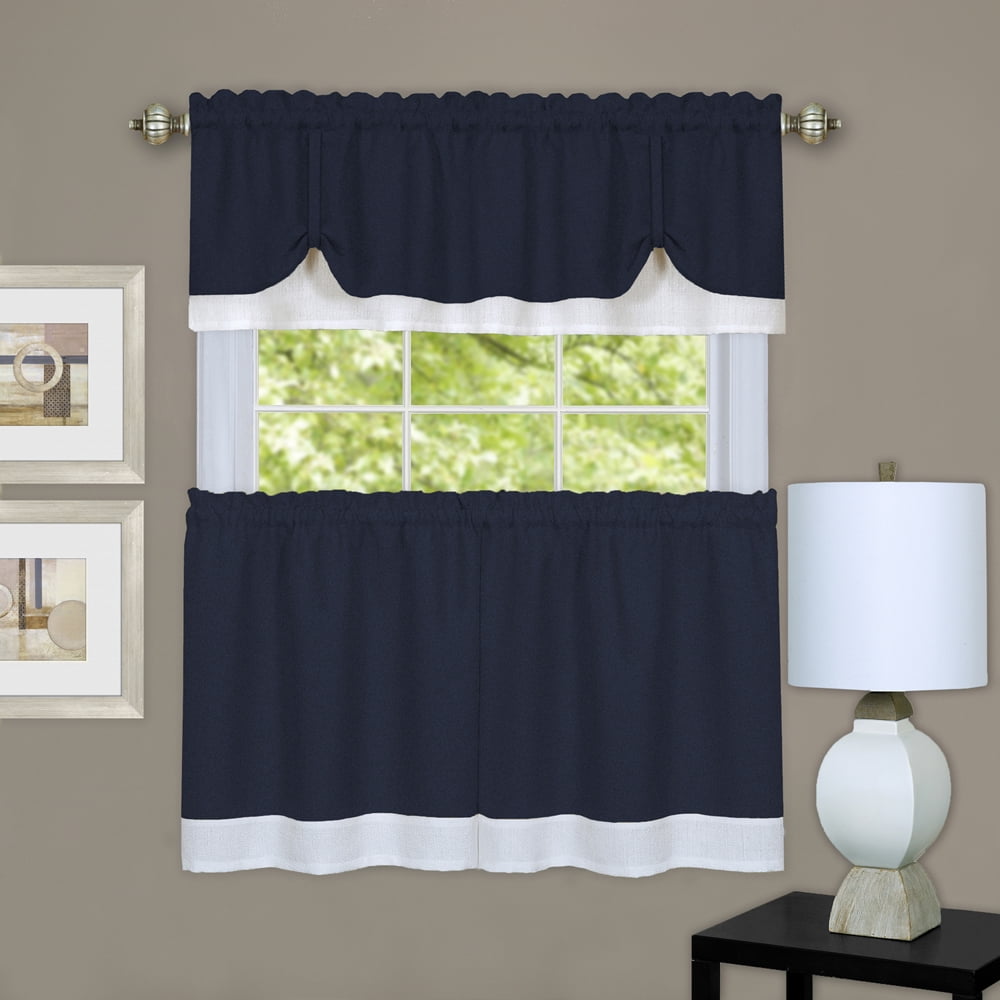 Navy/White Solid Window Curtain Double Layer 36" x 58" Tier Pair & Valance Set