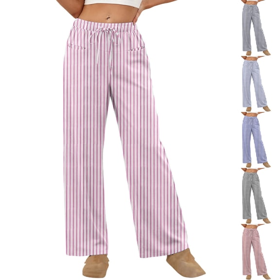 FRSASU Women Drawstring Stripe Wide Leg Casual Trousers Striped Elastic Waist Straight Leg Loose Lounge Pants with Pockets Red