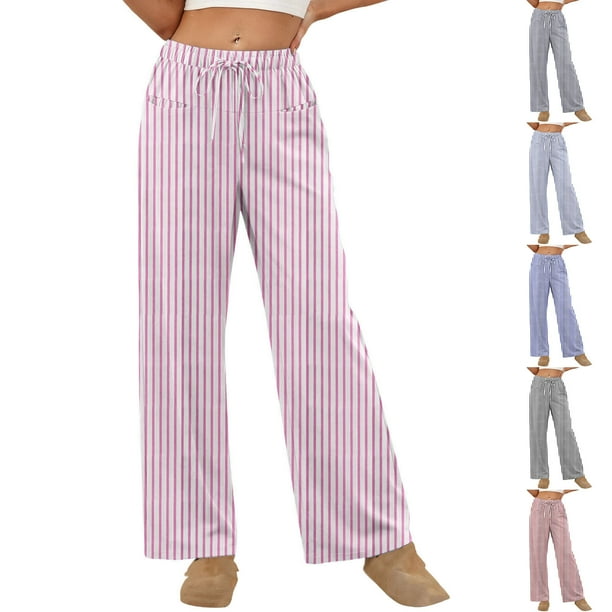 RKSTN Women's Striped Print Pajama Pants Plus Size Drawstring Elastic Waist Straight Leg Pjs Pants Womens Casual Loose Fits Comfy Loungewear Sleepwear Pant Sleep Bottoms Homewear Breathable Trouser