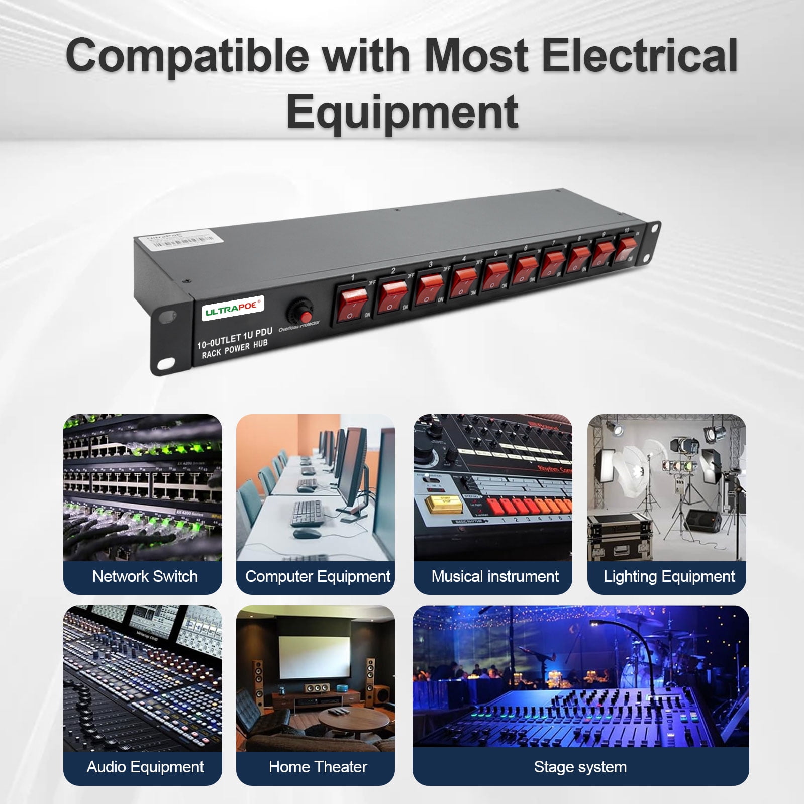 ULTRAPOE PDU Power Strip Surge Protector, 10-Outlet, 1U Network-Grade, Full Metal, Rackmount