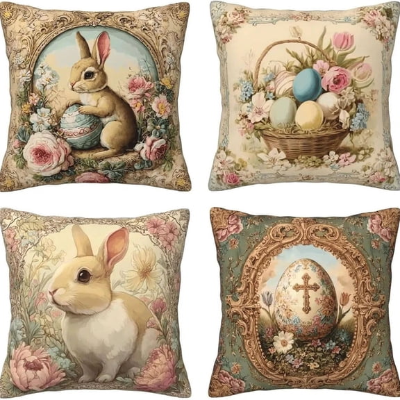 Easter Decorations Pillow Covers Set of 4, Vintage Spring Decorative Throw Pillow Cases, Easter Decor Bunny Egg Decor Cushion Covers for Sofa Couch, Holiday Home Decoration 18x18" A