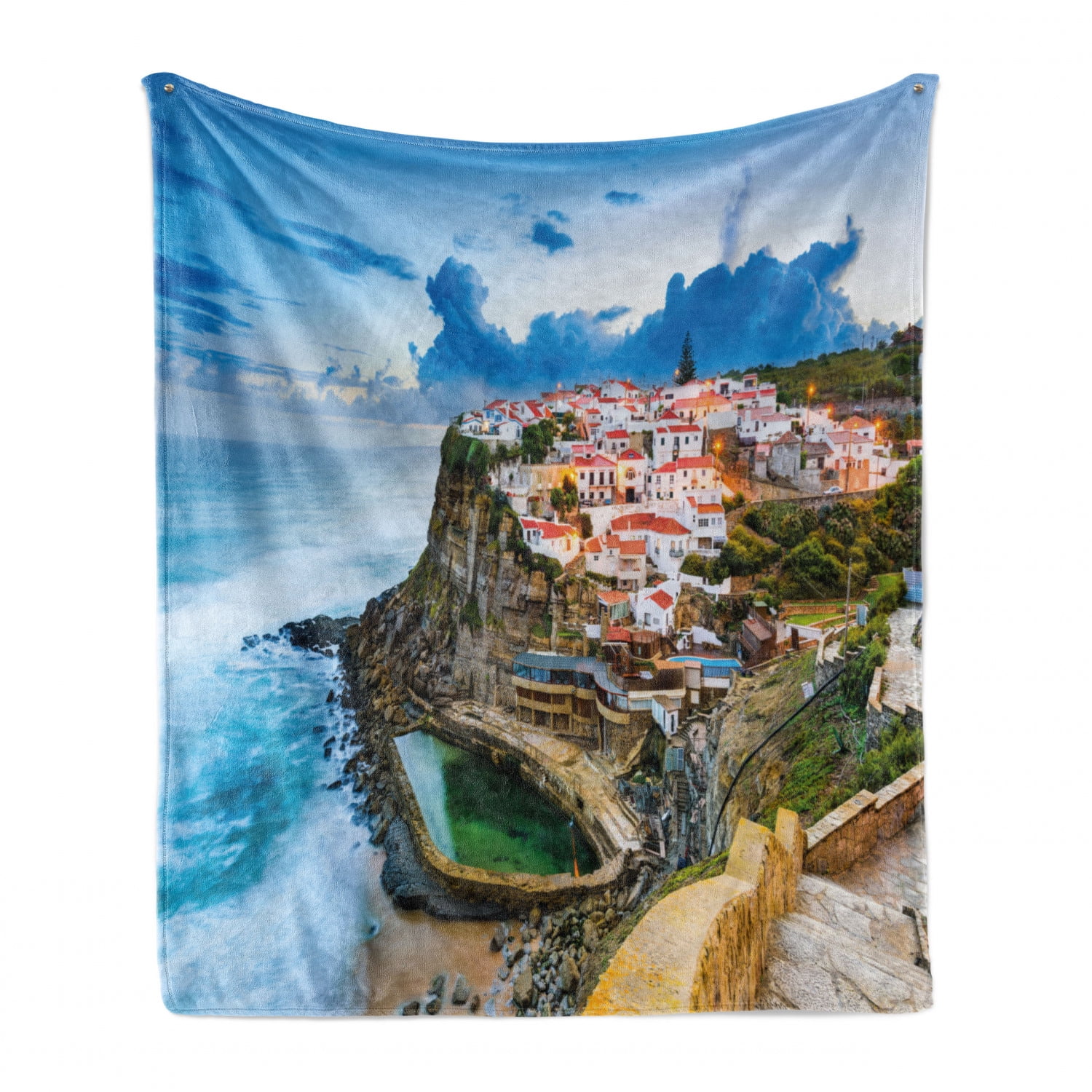 Mediterranean Soft Flannel Fleece Throw Blanket, Portuguese Town Coast Azenhas Do Mar Beach by