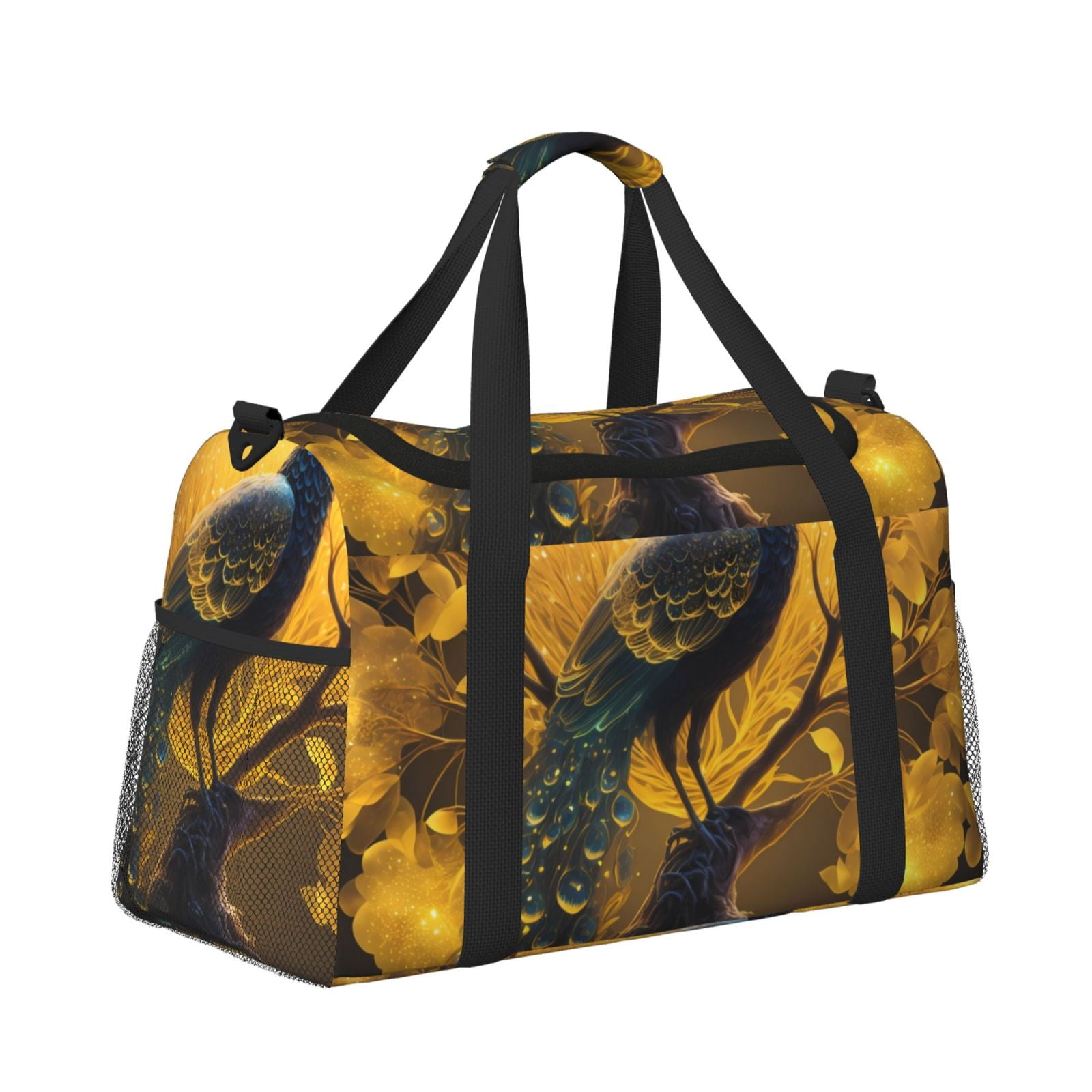 Fuzoiu Elegant Gold Leaf Peacock Print Travel Duffle Bag,Carry On Tote Bags,Duffel Bag,Sport Gym Bag, Hospital Bag for Labor and Delivery, Overnight Bag,Luggage Bag