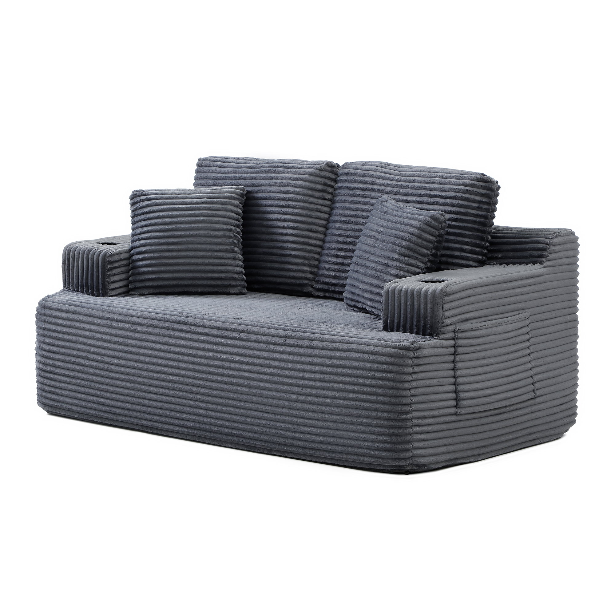 Boneless Loveseat, 2-Seater Floor Couch with Cup Holders and Side Pockets, Corduroy Fabric No Assembly Sofa for Small Space or Apartment, 66.5 Inch, Grey