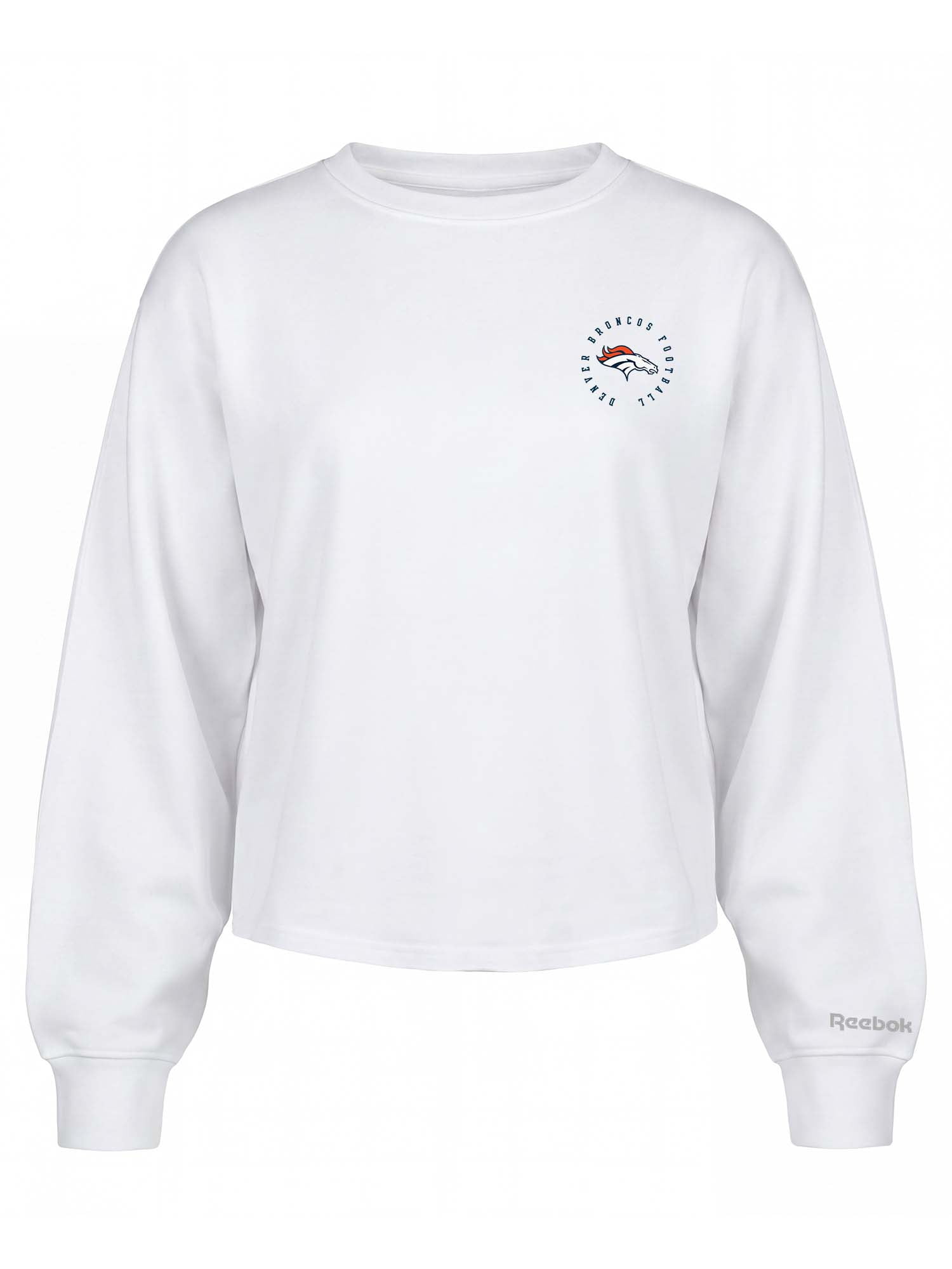 Denver Broncos Reebok Womens White Heavyweight Cotton Long Sleeve Pullover