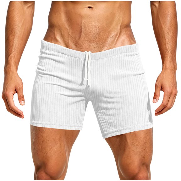 hlysgo Men's Swim Shorts 4 Inch Inseam Low Waist Running Shorts Yoga Gym Training Elastic Drawstring Beach Shorts with Pockets White,M