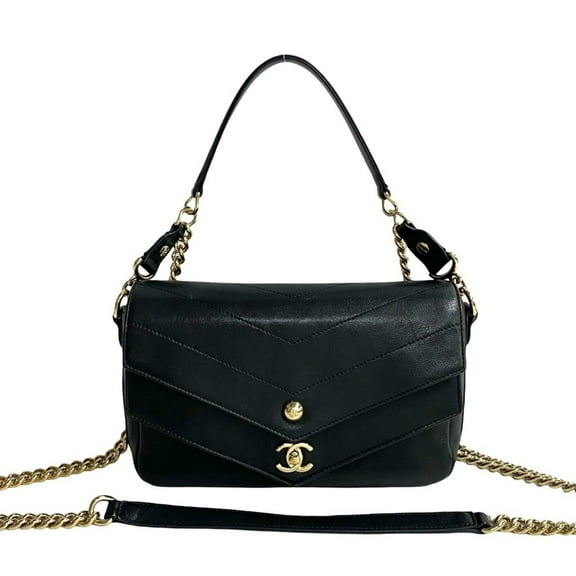Pre-Owned CHANEL Coco Mark V-Stitch Leather Chain 2-Way Handbag/Shoulder Bag, Black,... (Good)