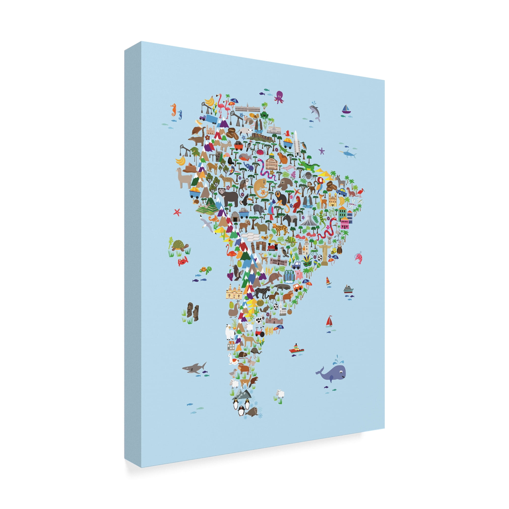 Trademark Fine Art 'Animal Map of South America for children and kids Blue' Canvas Art by Michael Tompsett