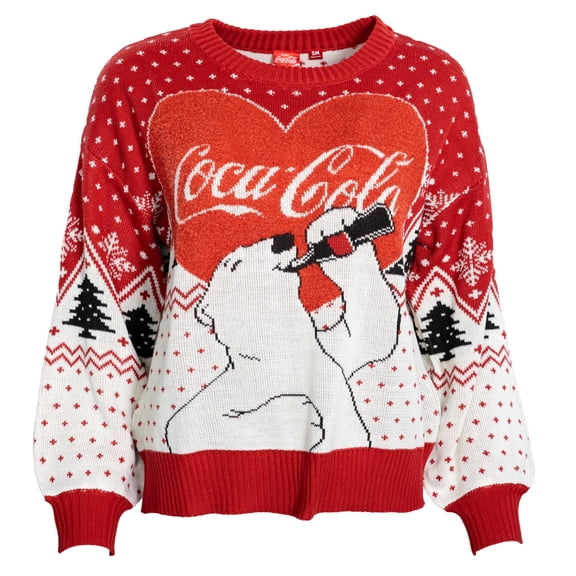 Coca Cola Heart Polar Bear Drinking Ugly Christmas Sweater, Women's