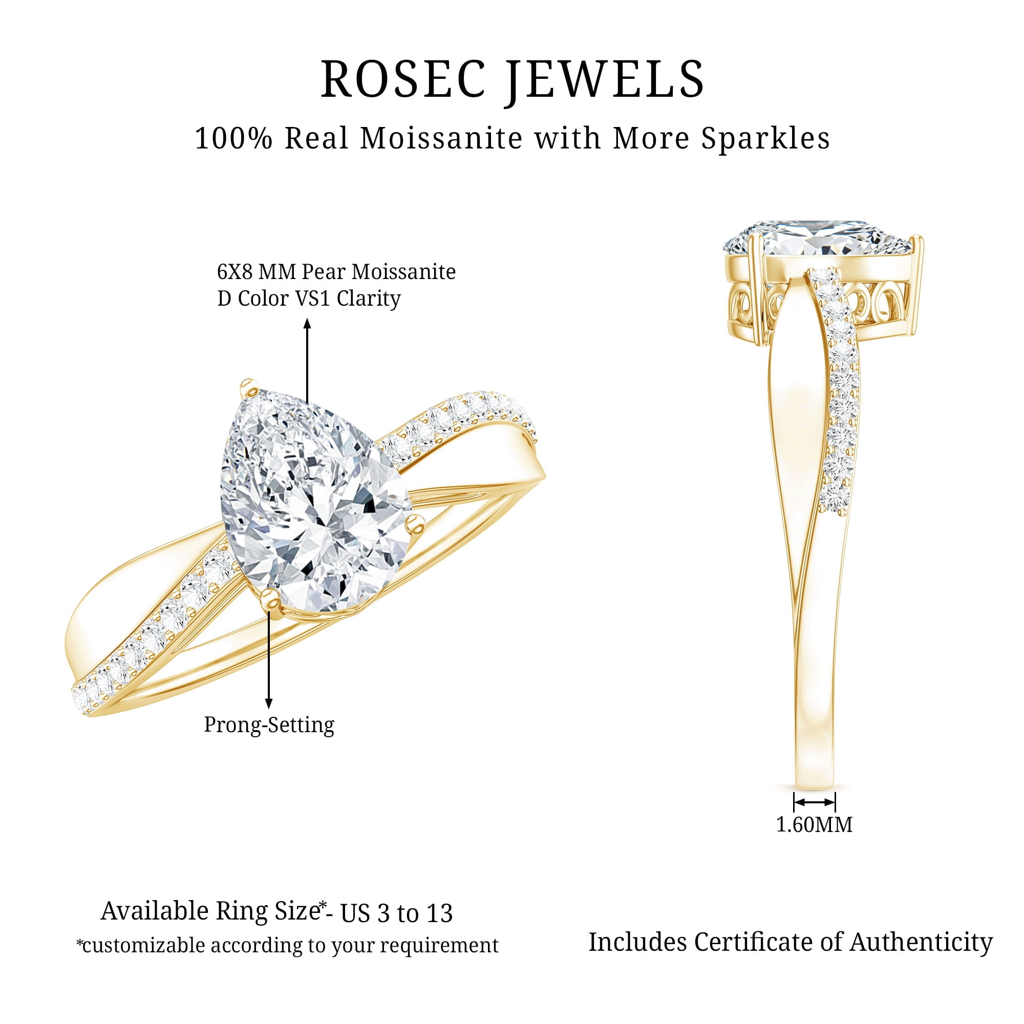 Rosec Jewels Pear Shaped Moissanite Solitaire Engagement Ring for Women (1.3 Carat, D-VS1 Quality) - Jewelry Box Included, 14K Yellow Gold, US 13.00