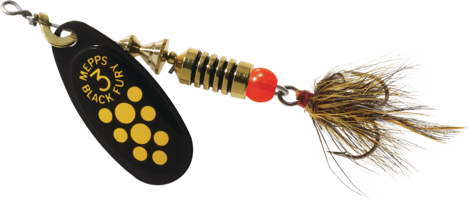 Mepps BF3D-BYD Black Fury Spinner en ligne #3 1/4oz habillé à pois noirs/jaunes