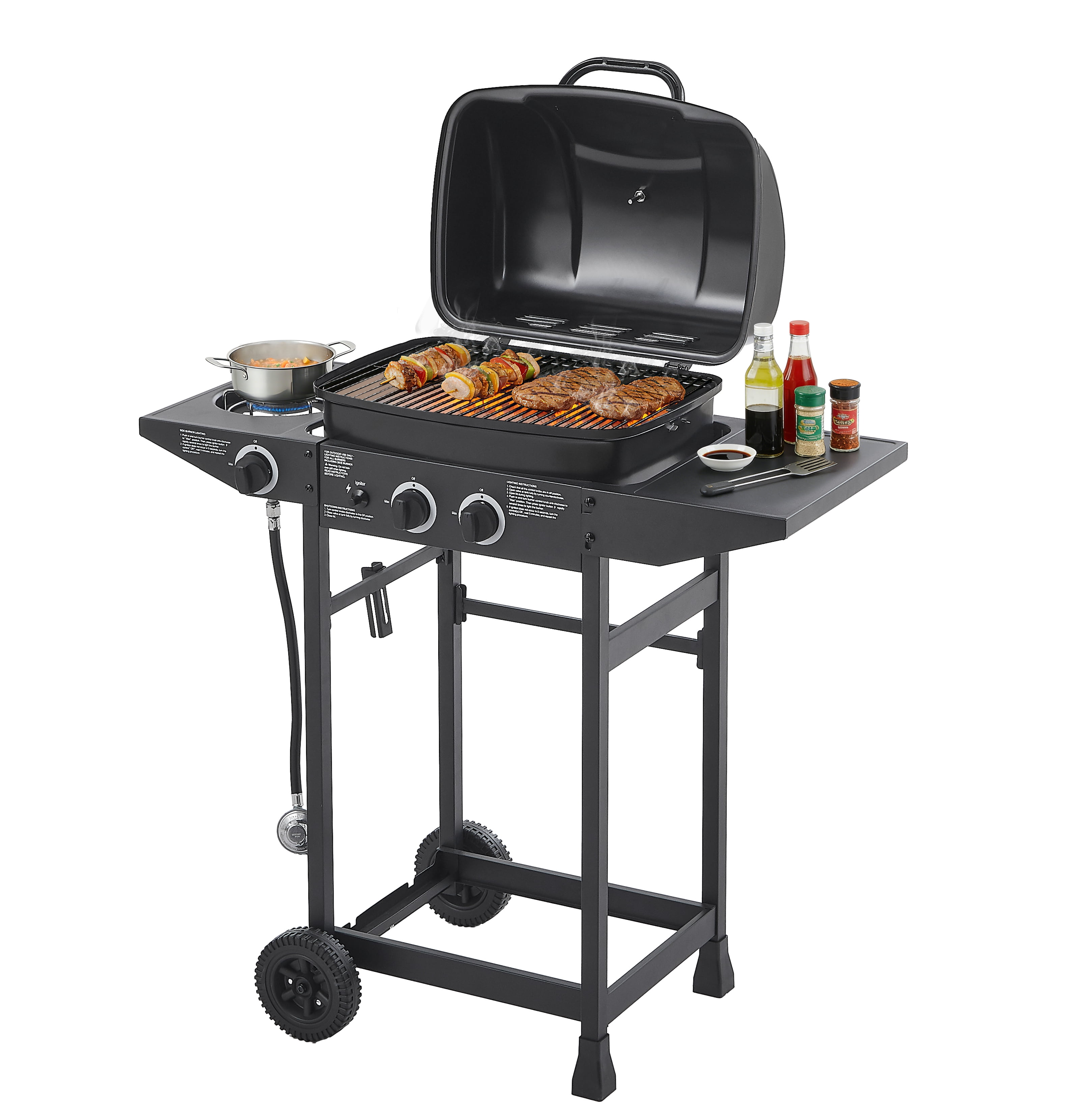 YIYADO 2-Burner BBQ Propane Gas Grill with Side Burner and Enamel Grill and Side Table, Stainless Steel Grill, Black, 24000 BTU