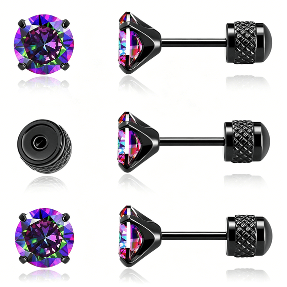 DESIGNICE Hypoallergenic Threadless Flat Back Earrings,1 Pairs Cartilage Stud for Women Men Titanium Post 20G None Screw Easy Push in Gold Black Silver Stainless Steel Flatback with Cz 3-8Mm