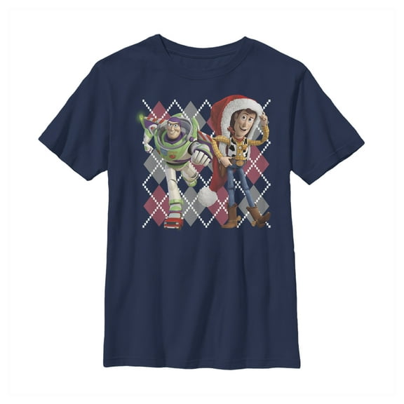 Boy's Toy Story Christmas BFF Argyle Print Graphic Tee Navy Blue Large