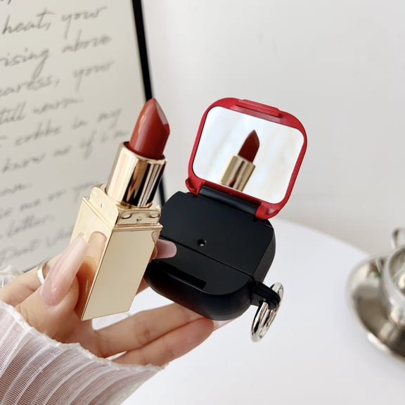 Earbud Case For AirPods 4 Case with Makeup Mirror, Dust-Proof & Stand Design Equipped and Portable Keychain Hard TPU Shockproof Earphone Cover Pink