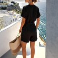 thumbnail image 4 of JULMCOMO Cotton Linen Rompers for Women V Neck Button Down Loose Fit Casual Jumpsuits Short Sleeve Tie Waisted Summer Overalls with Pockets Black XL, 4 of 4