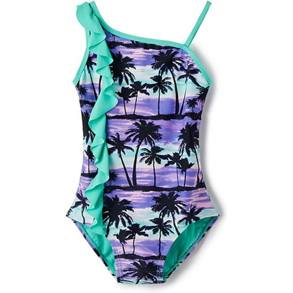 Girls Swimsuit Green Ruffled Off-Shoulder Coconut Print Swimwear Purple One Piece Swimsuit for Girls