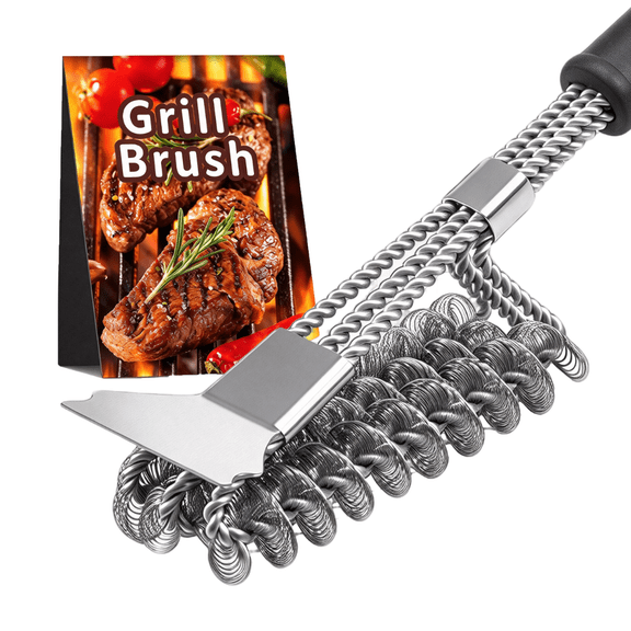 17 inch 3 Head Stainless Steel Grill Brush with Scraper, Ergonomic Long Handle Spiral Bristle BBQ Cleaner for Gas Charcoal Porcelain Grates