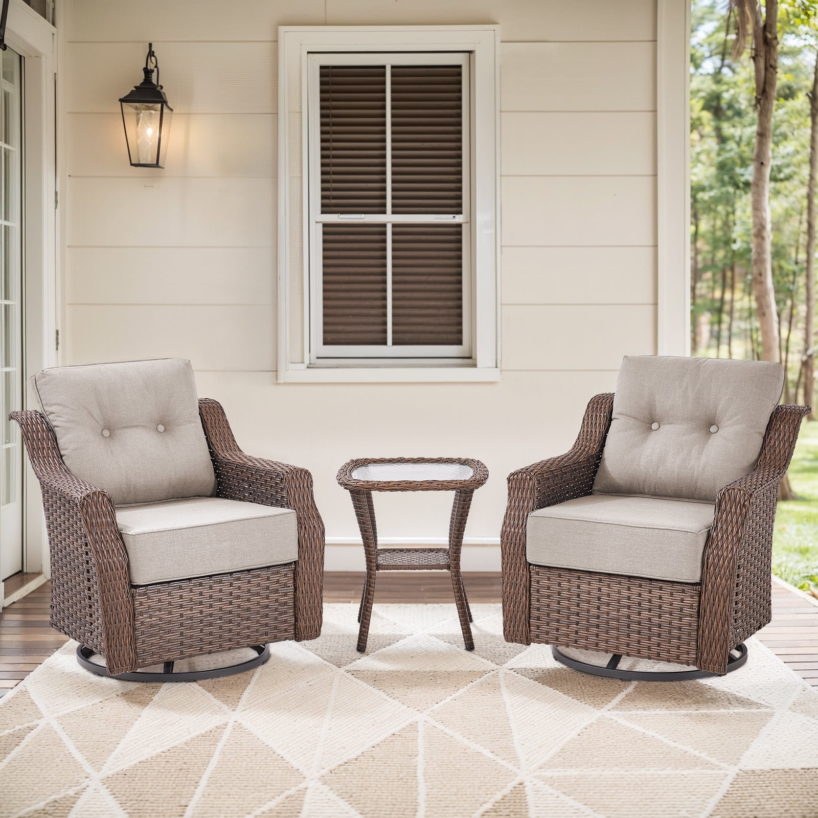 POCASSY 3 Pieces Patio Furniture Set with 6-Inch Thick Cushions Outdoor Swivel Patio Chairs Set of 2, Outdoor Brown Wicker Swivel Glider Rocking Chairs with Side Table for Porch Deck - Beige