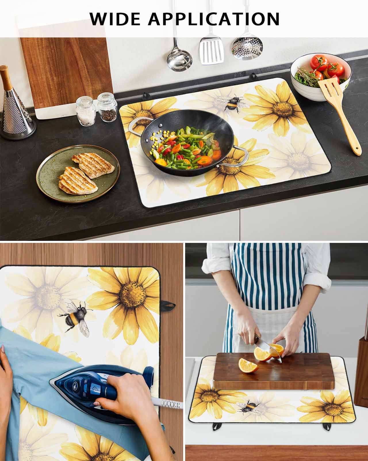 nqOlkjepod Large Induction Cooktop Protector Mat 24"x21", Spring Bees Stove Top Covers for Electric Stove, Sunflower White Vintage Botanical Art Stove Burner Cover Mats, Glass Top Stove Cover
