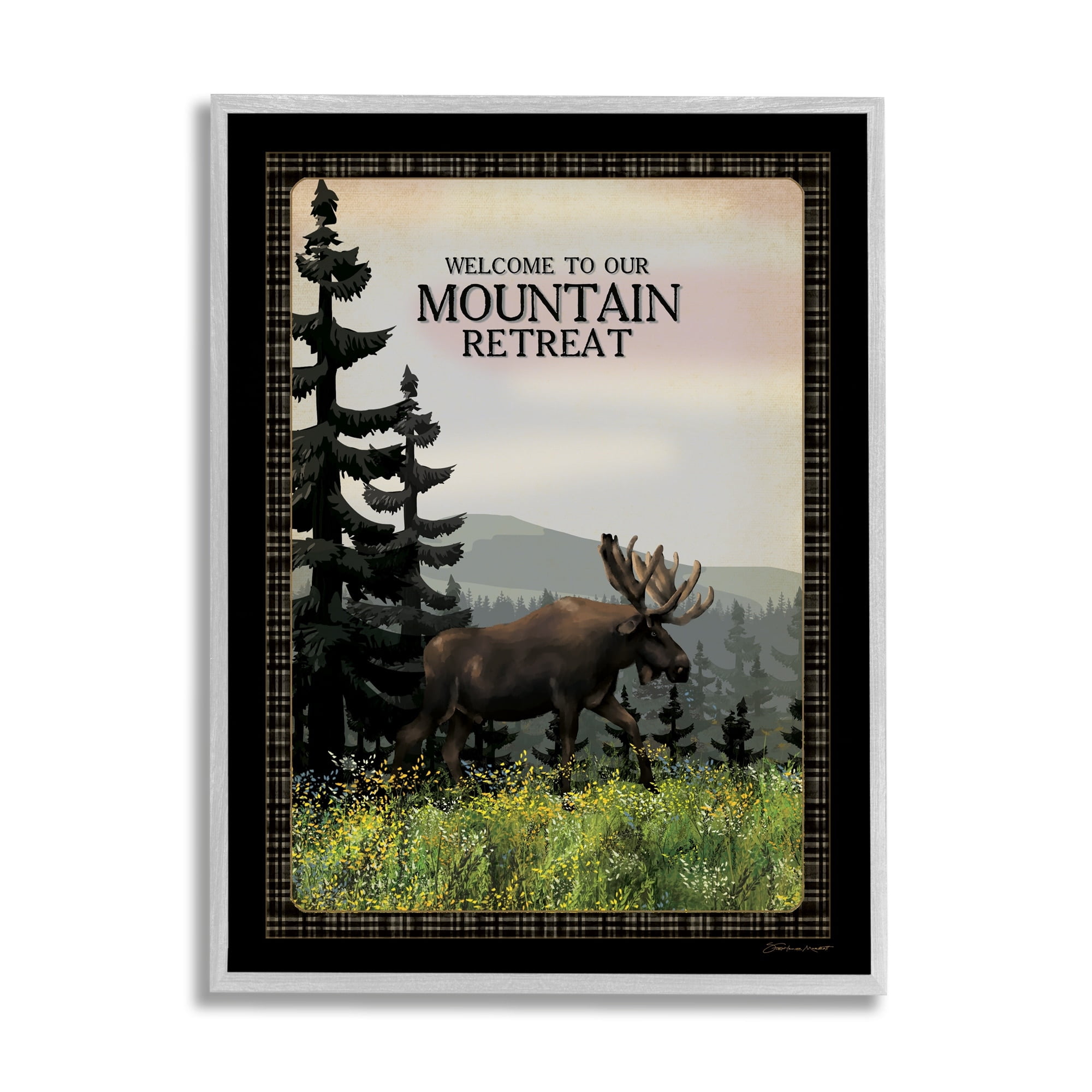 Stupell Industries Welcome Mountain Retreat Quote Moose Wildlife Tree Forest, 11 x 14, Design by Stephanie Workman Marrott