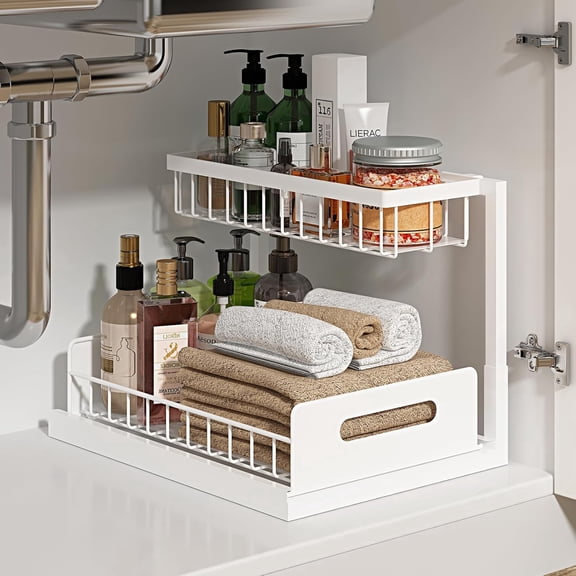 Homaryx 2-Tier Pull-Out Under Sink Cabinet Organizer, White, 1 Pack