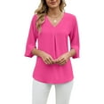 thumbnail image 6 of YueHuiYing Women's Fashion Solid-Color Chiffon Blouse with Mid-Length Sleeves Pleated V-Neck Loose Fit, 6 of 7