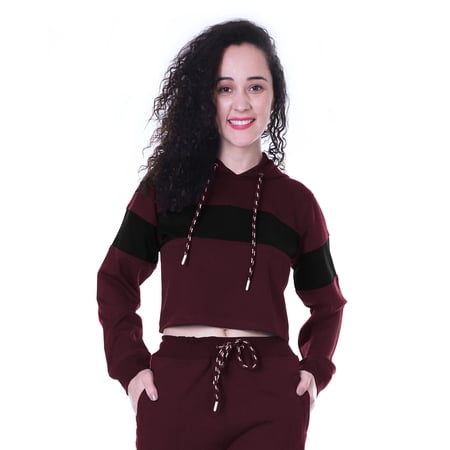 Moomaya Color Block Crop Hoodie Drawstring Pullover Casual Sports Jacket For Women-22