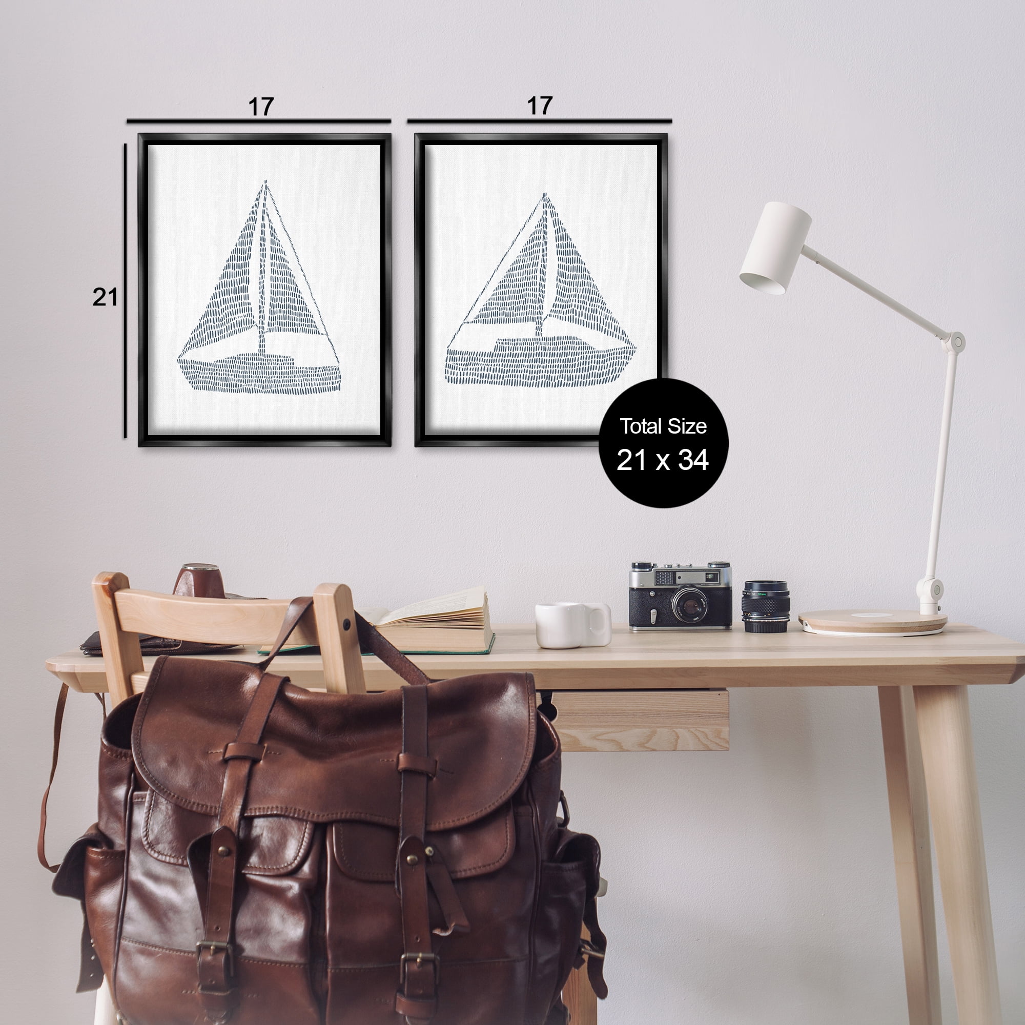Stupell Industries Simple Lines Nautical Sailboats Nautical & Beach Painting Black Floater Framed Canvas Art Print Wall Art, 17 x 21, Set of 2