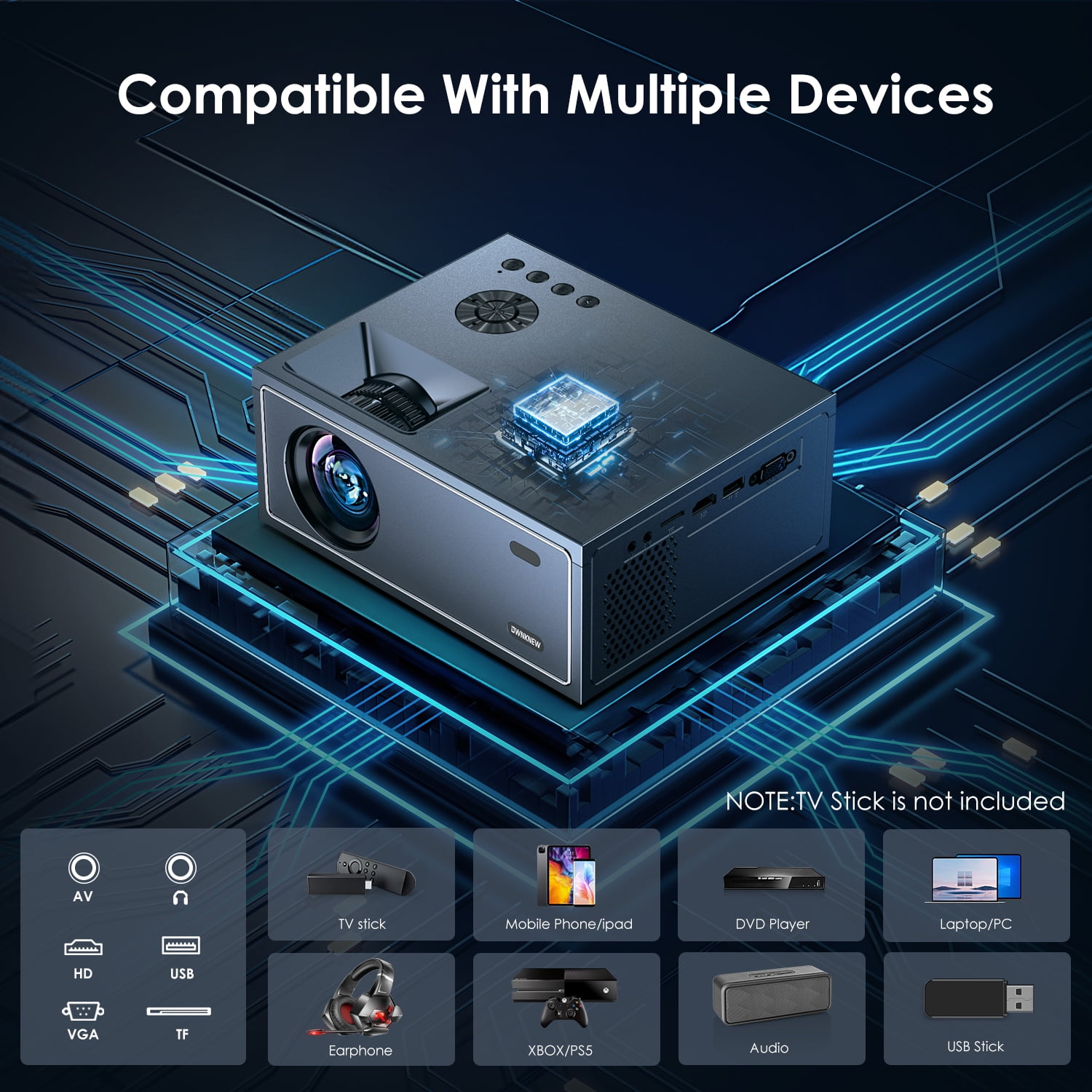 5G/2.4G WiFi & Bluetooth Projector, 1080P LED Home Theater, 4K Support, 300" Display, Keystone, Built-in Hi-Fi Speaker