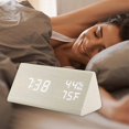 thumbnail image 4 of Despertador electrónico LED Temperatura de madera Pantalla de humedad Brillo Triángulo Control para dormitorio Oficina Escritorio - Blanco Baoblaze Despertador Digital, 4 of 8