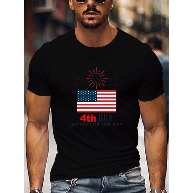 Men's Patriotic 4th of July T-Shirt - Casual Crew Neck, American Flag & Fireworks Print, Short Sleeve, Machine Washable, American Flag Clothes