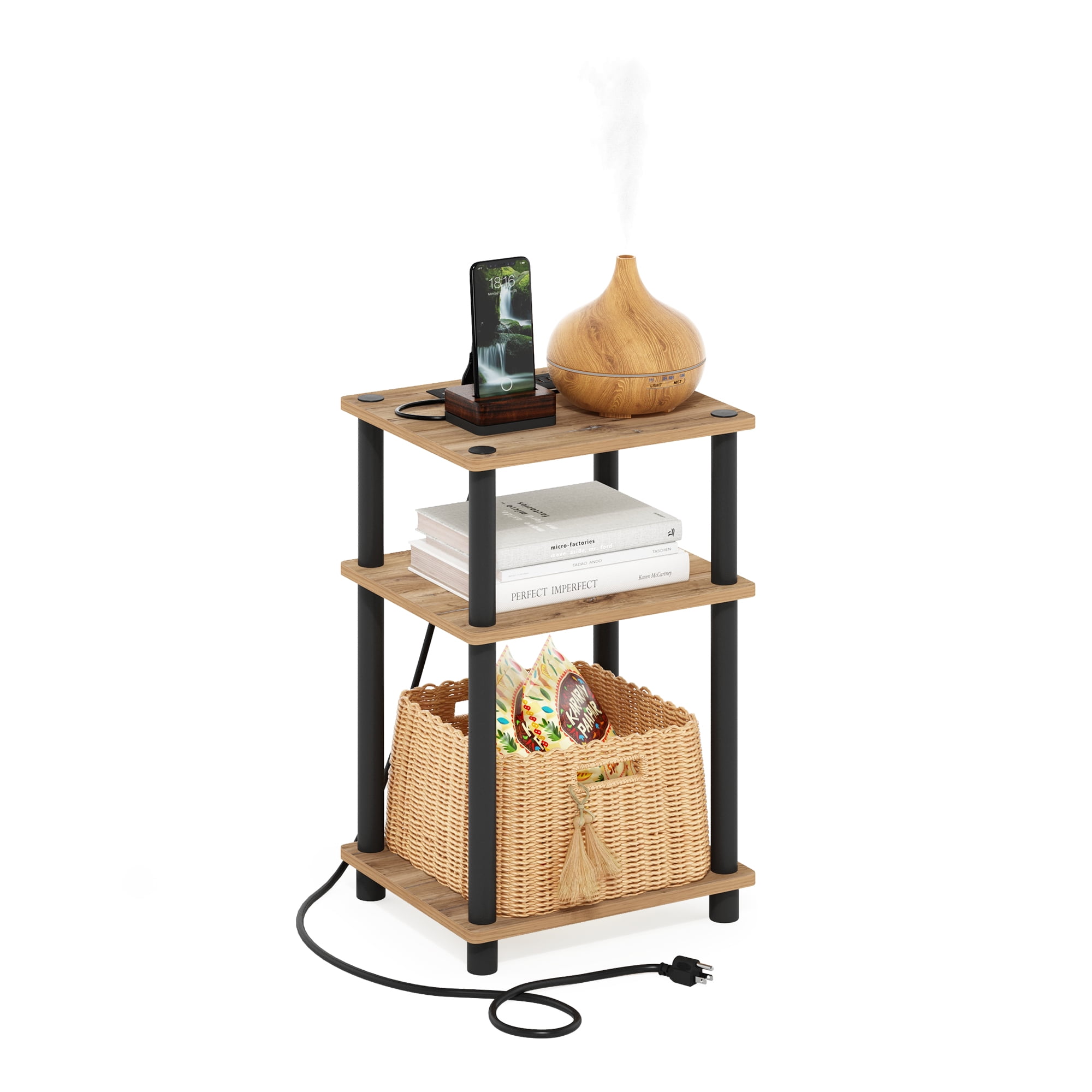 Furinno Just 3-Tier Turn-N-Tube USB and Type-C Charging Port End Table with Open Storage, Flagstaff Oak/Black