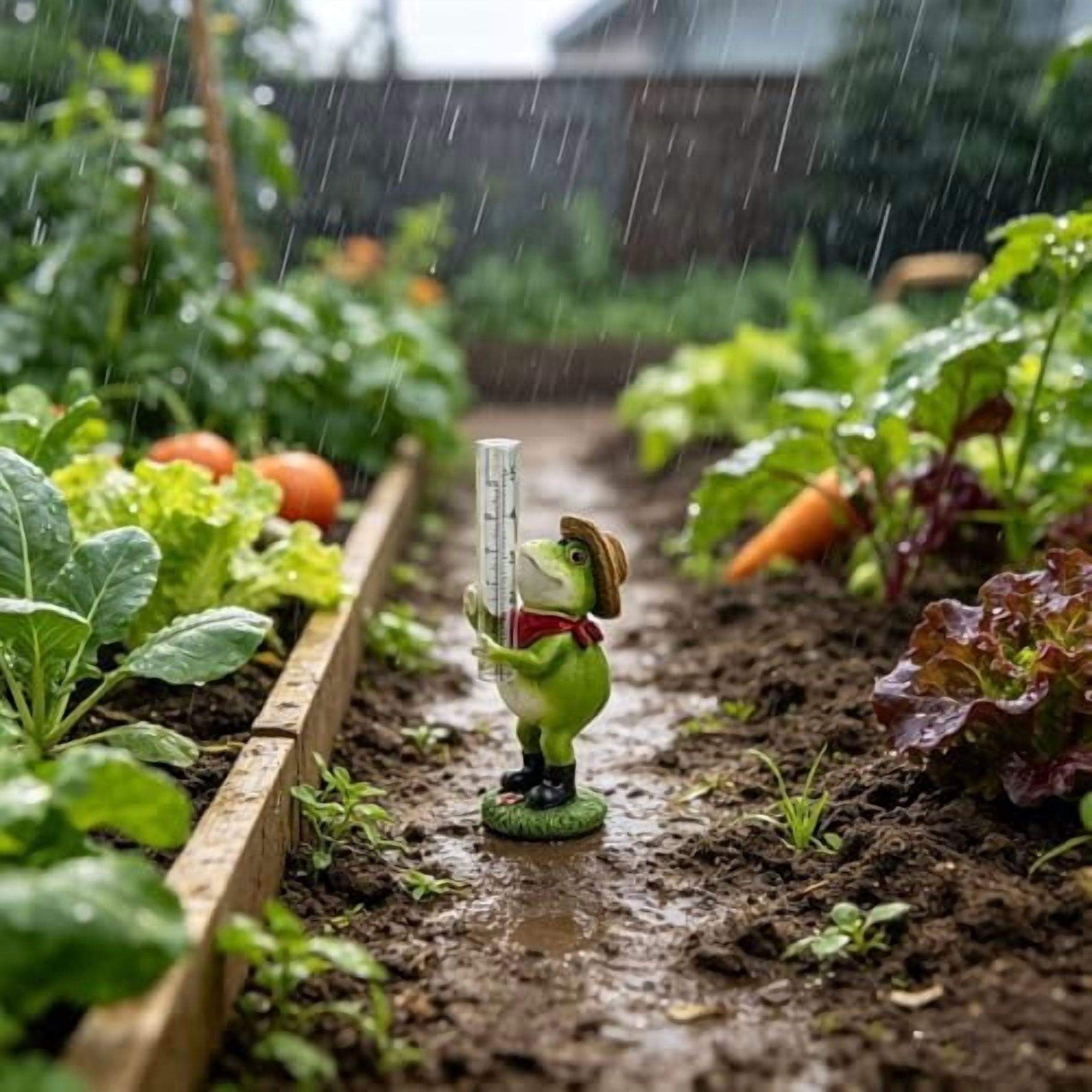 Resin Frog Rain Gauge with Glass Tube, Outdoor Yard Garden Decor