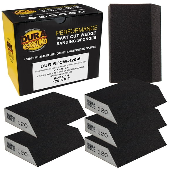 Dura-Gold 120 Grit 4-Sided Hand Sanding Block Sponges with Angled Edge, Box of 6 - Performance Flex 3.9" x 2.75" x 1" Wet or Dry Flexible Sandpaper Abrasive Pads - Wood, Drywall, Metal Auto Paint