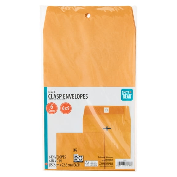 Pen+Gear Kraft Clasp Envelopes, 6 in x 9 in, 6 Count