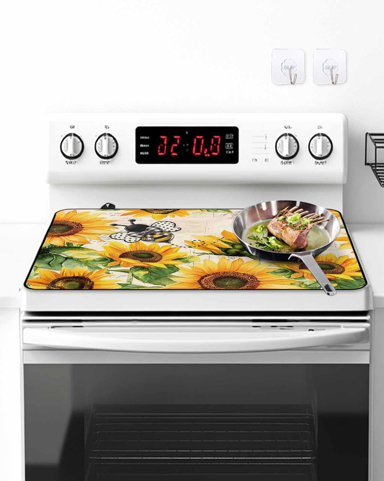 Stove Top Covers for Electric Stove, Sunflower Bee Glass Stovetop Cover Protector, Yellow Botanical Vintage Rose Floral Spring Induction Cooktop Protector Oven Mat for Kitchen Countertop 24"x21"