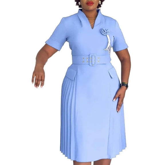 Womens Midi Dresses V Neck Cocktail Church Tea Dresses A-Line Swing Dresses