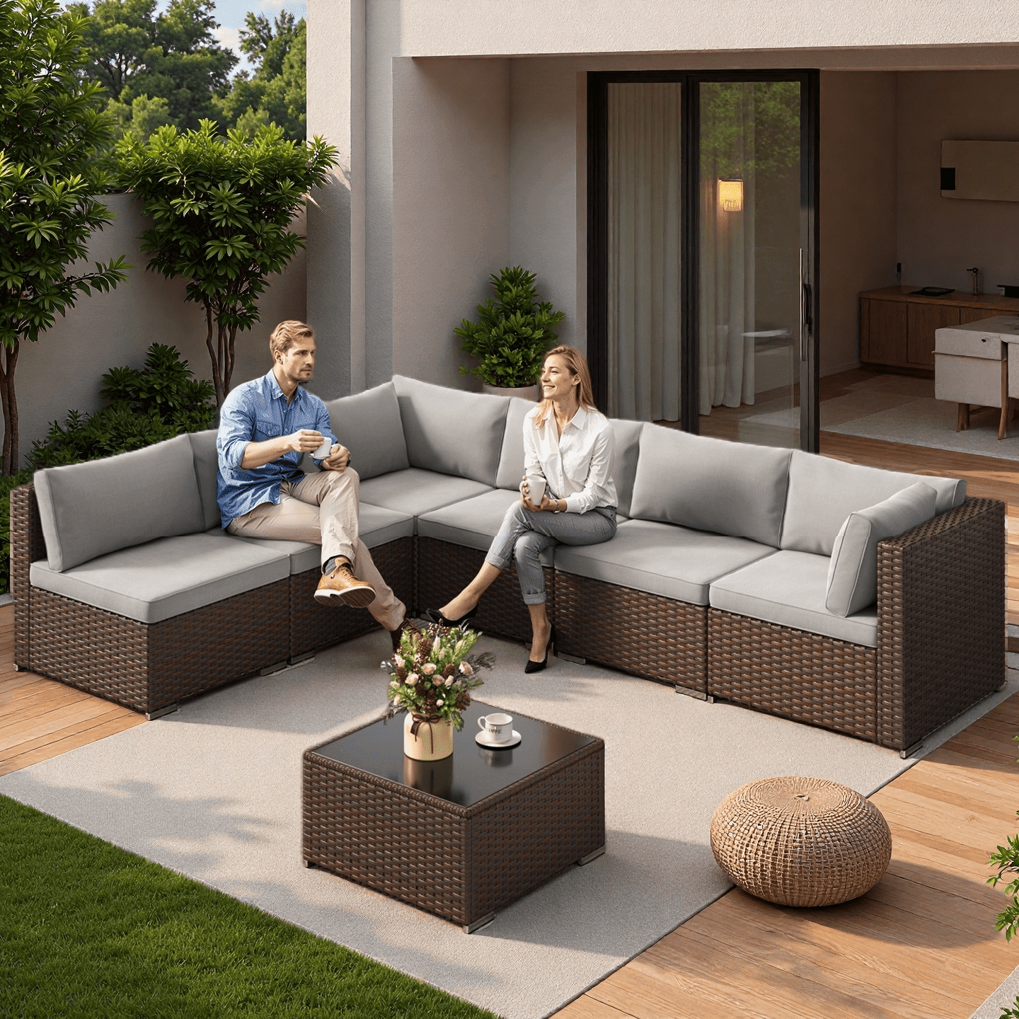 Lofka 7-Piece PE Rattan Patio Furniture Set, All-Weather Outdoor Sectional Sofa with Glass Coffee Table & Waterproof Gray Cushions, Modular Wicker Conversation Set for Backyard, Garden, Poolside