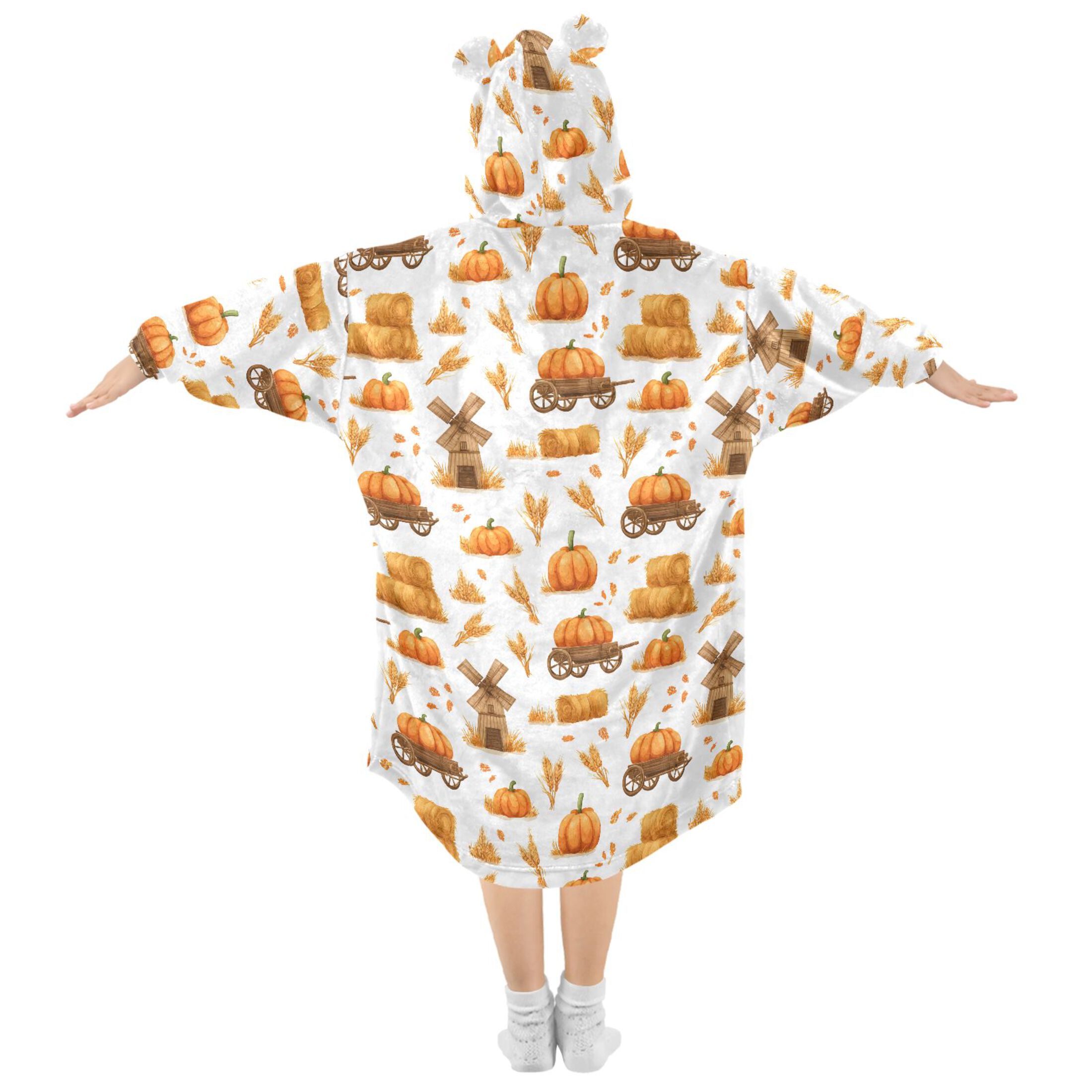Wearable Blanket Hoodie for Kids Pumpkin Wheat Flannel Hooded Blanket with Pockets and Sleeves Suitable for Boys and Girls