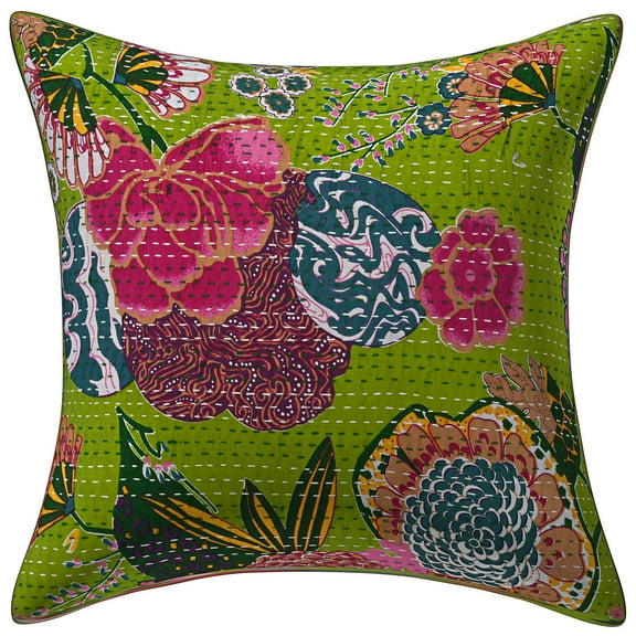 Stylo Culture Indian Chair Seat Throw Pillow Cover 16 x 16 Kantha Parrot Green Printed 40cm x 40cm Home Decor Cotton Tropicana Square Cushion Cover | 1 Pc