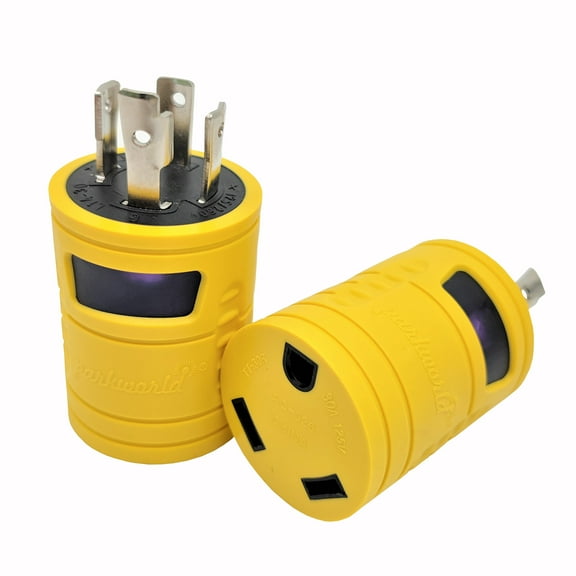 Parkworld 691784Y (68819) 30 AMP Power Adapter 4-Prong Generator Locking L14-30P Male Plug to RV TT-30R Female Receptacle, Yellow with Electroplate Terminal