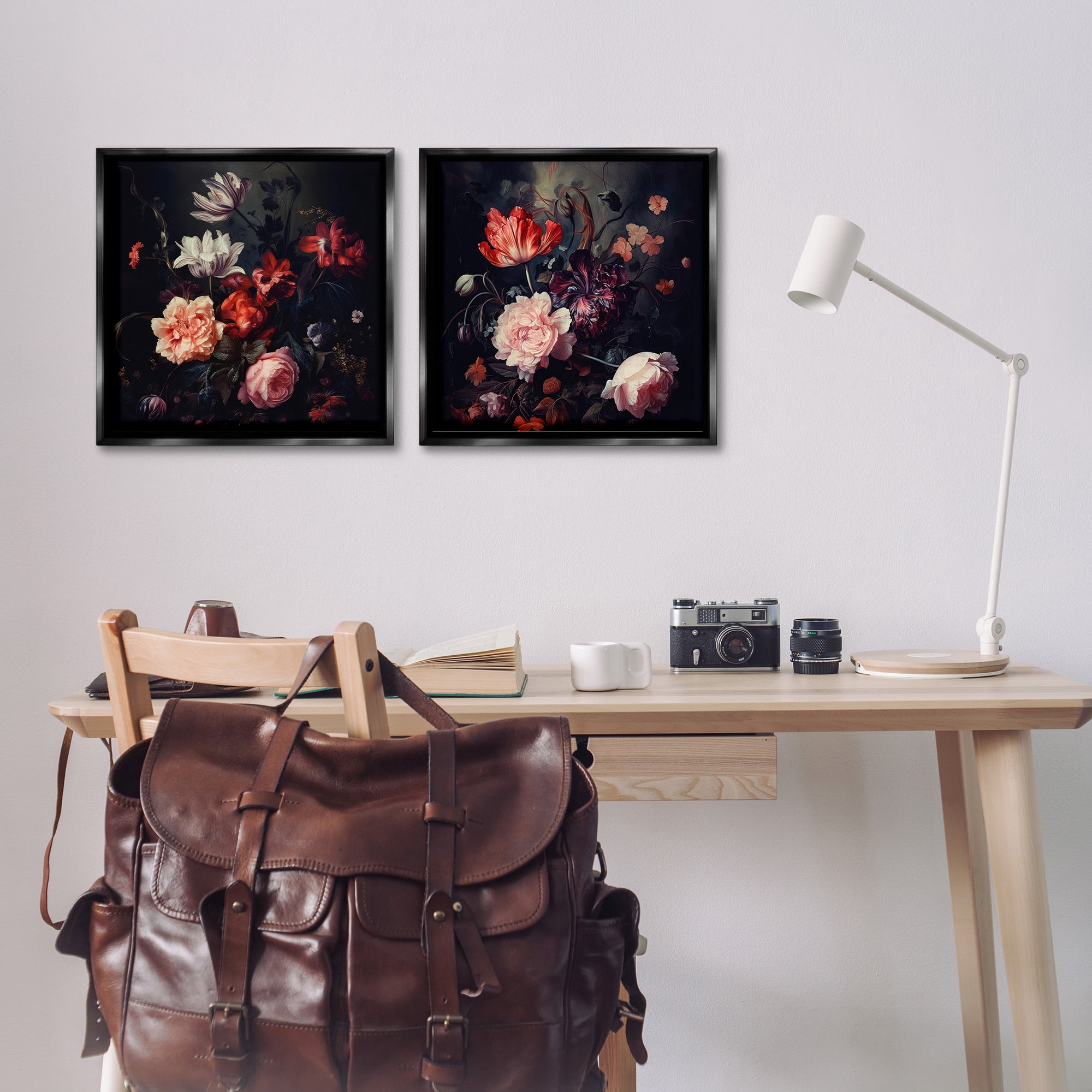 Stupell Industries Vintage Bouquet on Black Botanical & Floral Photography Black Floater Framed Canvas Art Print Wall Art, 18 x 18, Set of 2
