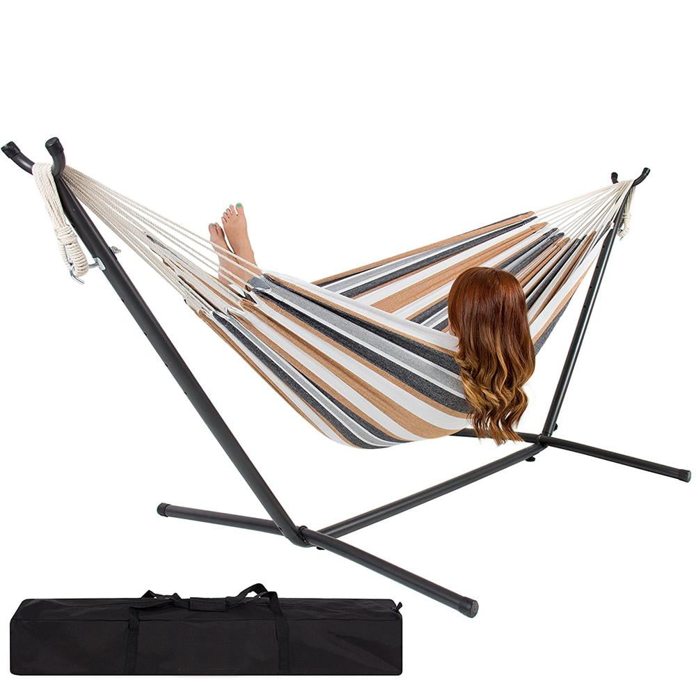Ktaxon Double Polyester Hammock Set w/ Steel Stand & Portable Bag Coffee