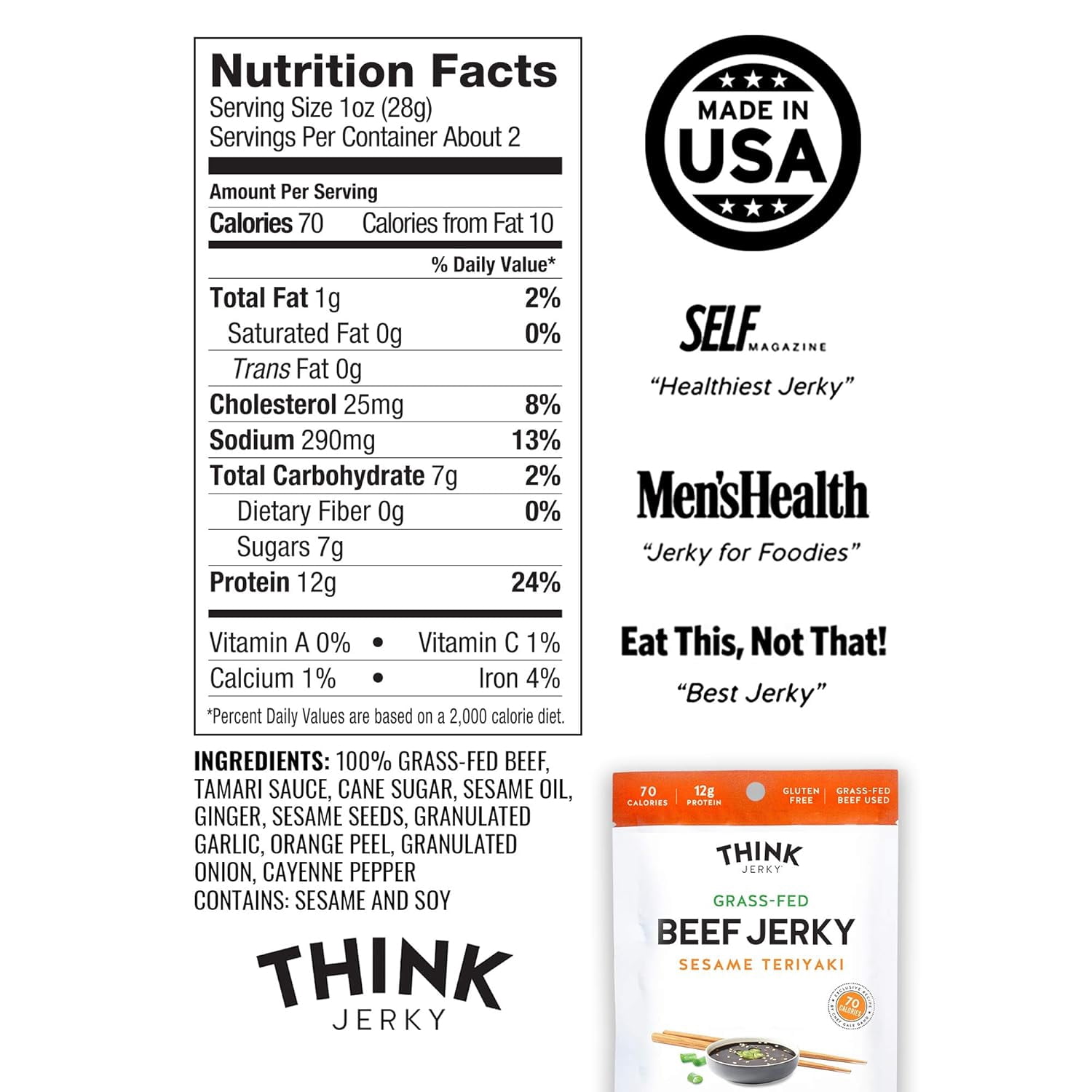Think Jerky Sesame Teriyaki Beef Jerky, Grass-Fed High Protein Beef Jerky, Gluten Free, No Antibiotics or Nitrates, Healthy Chef Crafted Recipe, Low Calorie and Low Fat - 2.2 oz Bags, 8 Pack