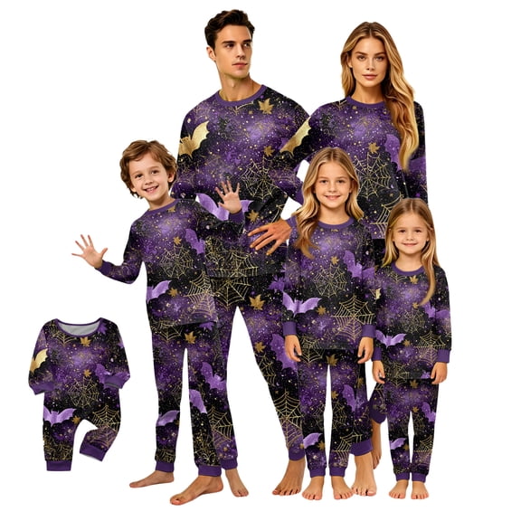 HTHLVMD Web Bat Print Pajamas, Family Matching Sleep Set, Halloween Purple Gold Bat Spider Web Family Matching Pajamas Set, Long Sleeve Crew Neck 2pcs Holiday Loungewear, 12 Months