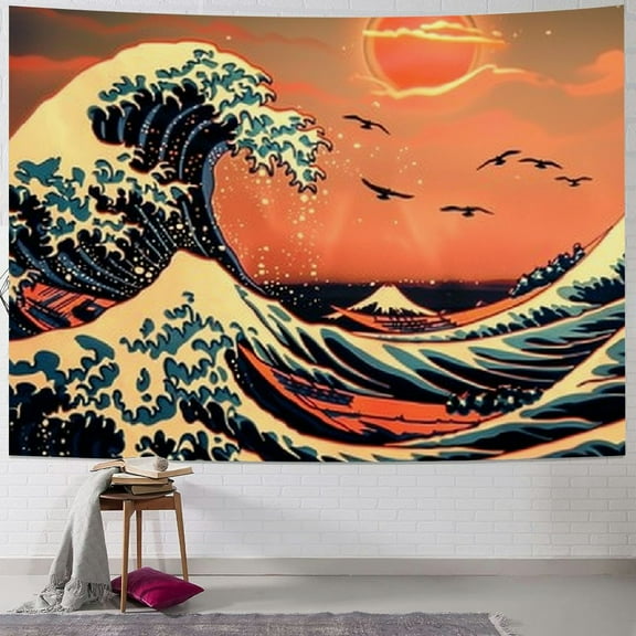 Creowell The Great Wave Tapestry Japanese Ocean Sea Wave Tapestries Vintage Asian Anime Tapestry Aesthetic Kanagawa Tapestry Mountain Sunset Tapestry Wall Hanging for Room Painting