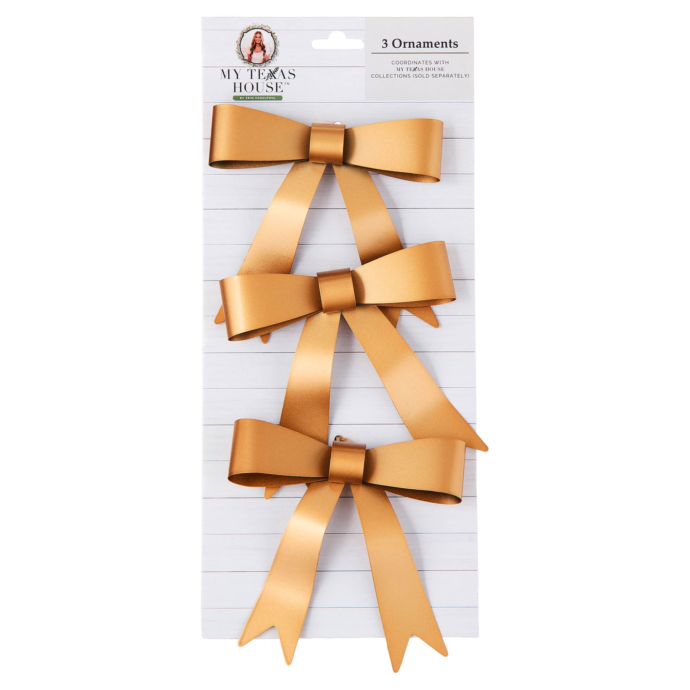 My Texas House 3-Count Gold Bow Christmas Ornaments, 4"