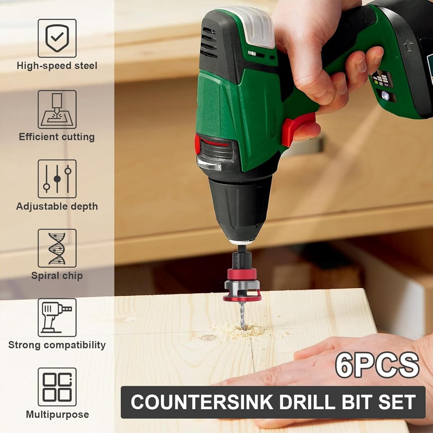 Two-Flute Counterbore with Depth Stop, Adjustable Depth, Carbon Steel Tapered Countersink Hole Drill Bit with 1/4 Inch Hex Shank for Woodworking Tools, Softwood and Hardwood ,Gold