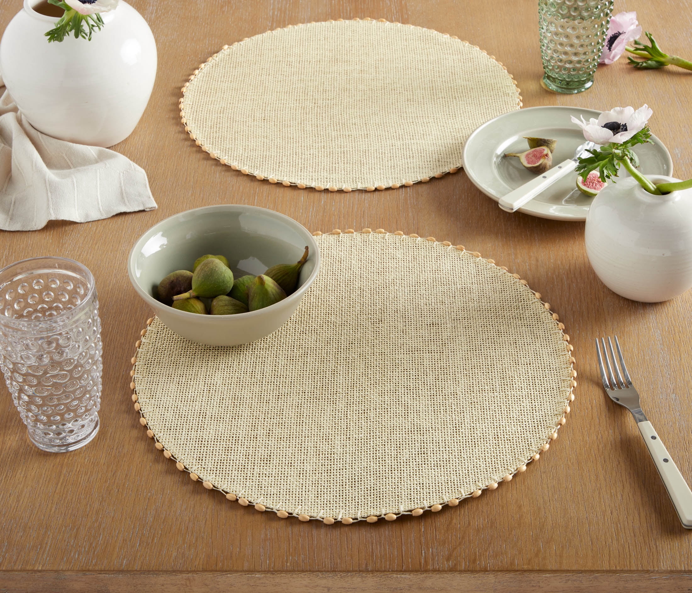Martha Stewart Woven Water Resistant Lindos Fabric Placemat Set 6-Pack, 15" Round, Beige